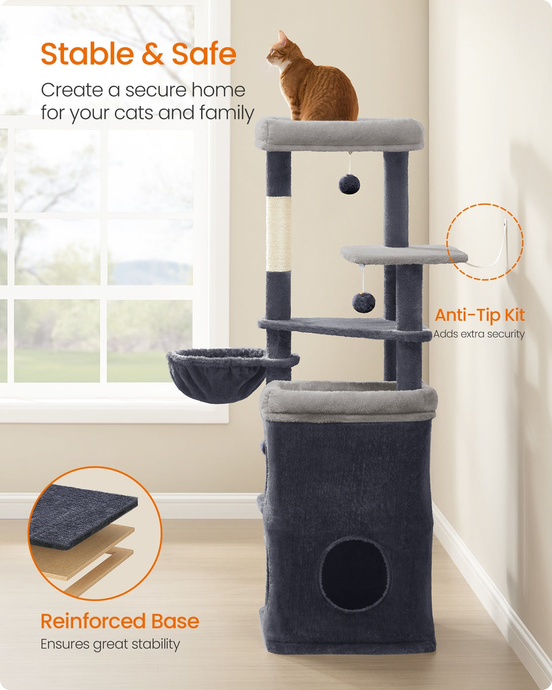 Feandrea Tall Cat Tree Tower, Multiple-Level Cat Condo with 2 Caves – Dark Gray