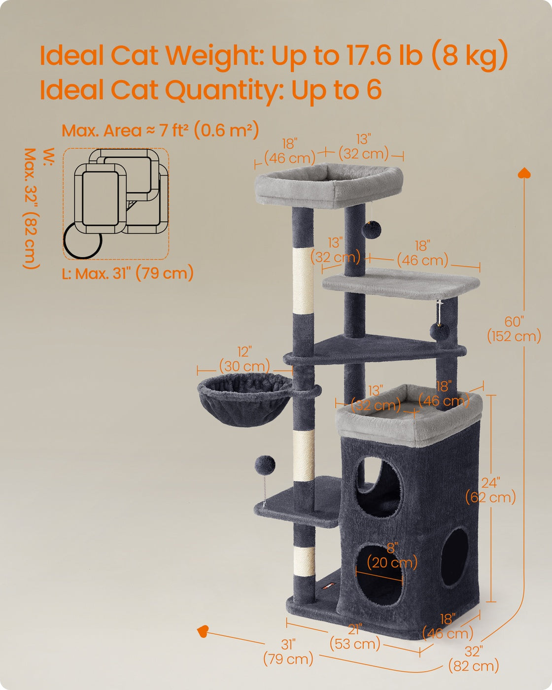 Feandrea Tall Cat Tree Tower, Multiple-Level Cat Condo with 2 Caves – Dark Gray