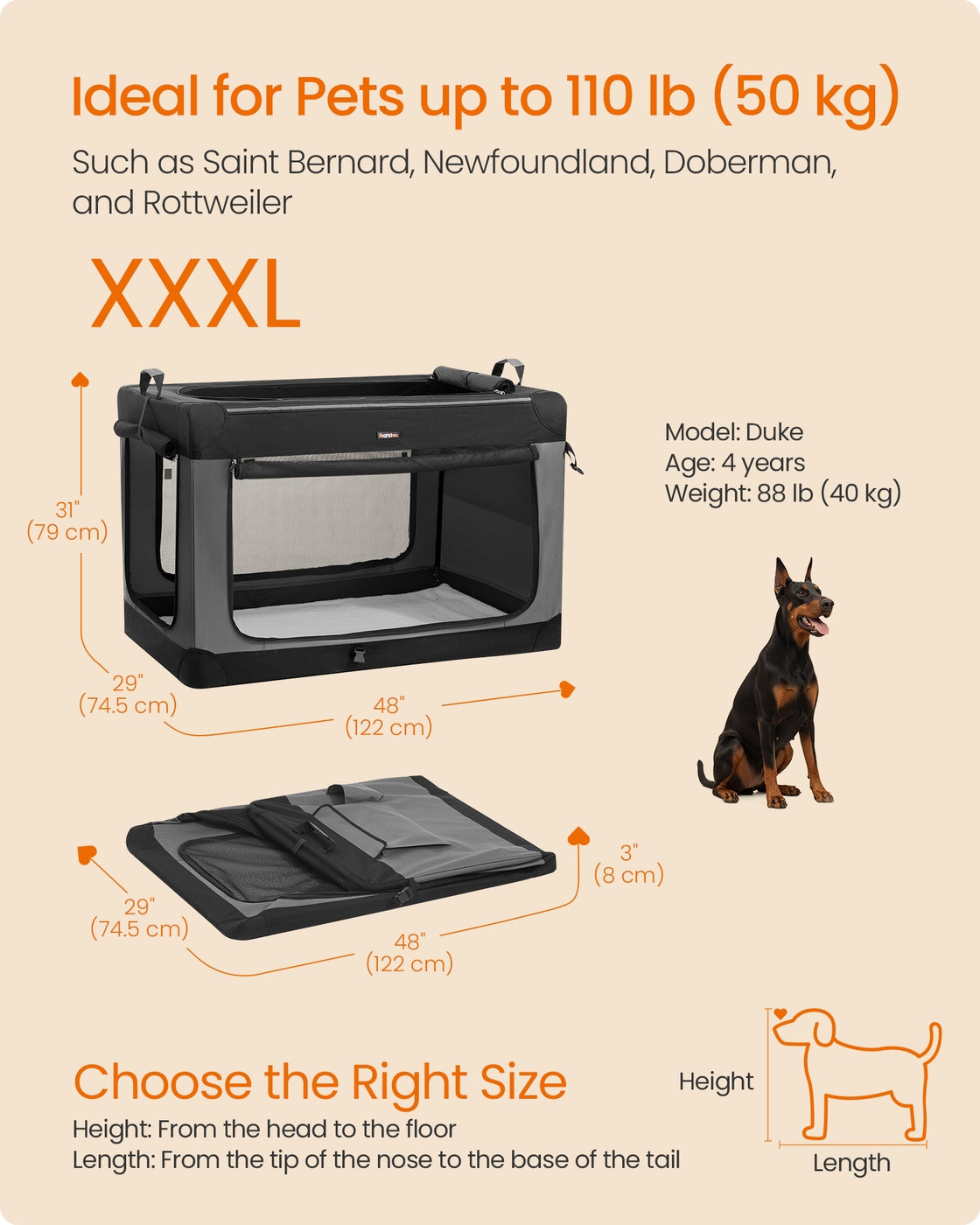 Feandrea Collapsible Dog Crate 44-Inch Portable Dog Travel Crate Ink Black