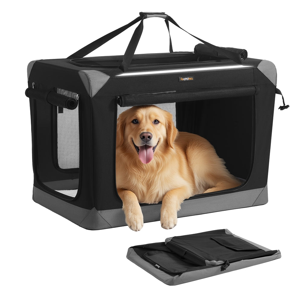 Feandrea Collapsible Fabric Dog Crate with Mesh Doors for Travel – Ink Black, Dove Gray – 36"L x 25"W x 25"H