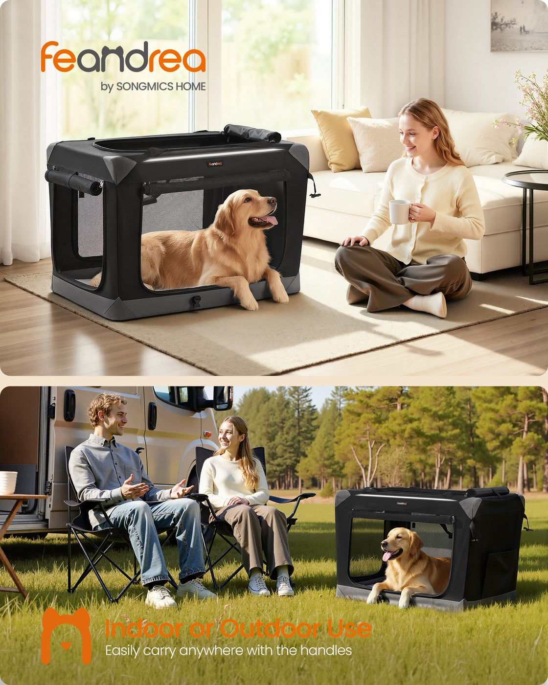 Feandrea Collapsible Fabric Dog Crate with Mesh Doors for Travel – Ink Black, Dove Gray – 36"L x 25"W x 25"H