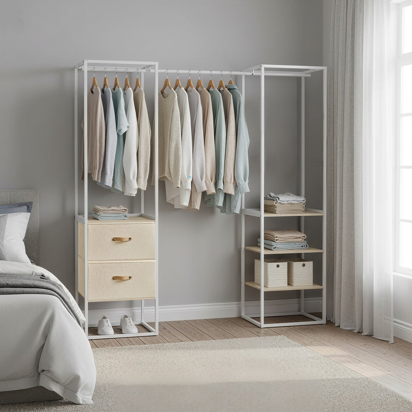 SONGMICS Freestanding Heavy Duty Clothes Rack with Extendable Hanging Rod – Natural Beige