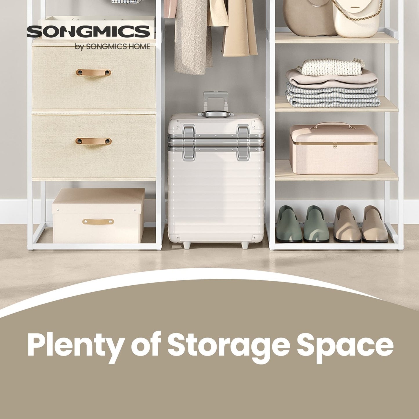 SONGMICS Freestanding Heavy Duty Clothes Rack with Extendable Hanging Rod – Natural Beige
