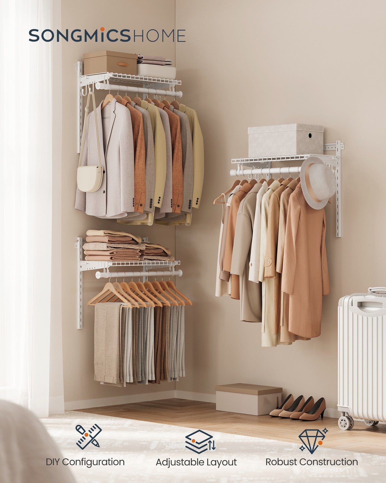 SONGMICS HOME Closet Insert Organizer, 4-6 Ft, with 4 Hanging Rods, 4 Shelves, Cloud White