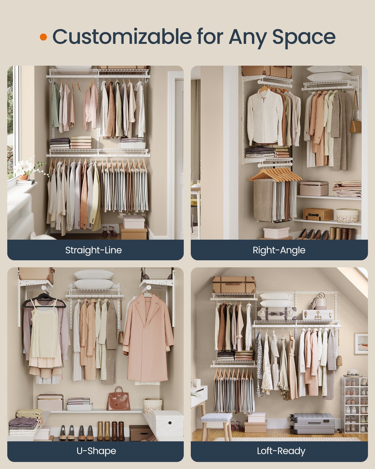 SONGMICS HOME Closet Insert Organizer, 4-6 Ft, with 4 Hanging Rods, 4 Shelves, Cloud White