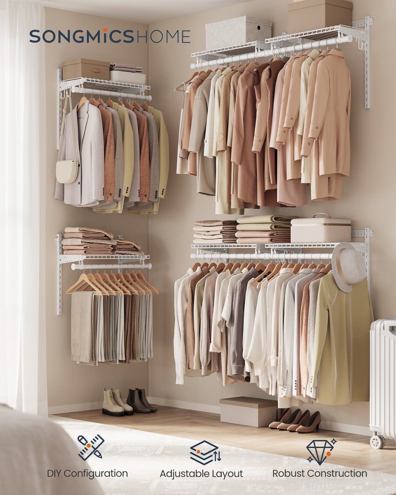 SONGMICS HOME Closet Insert Organizer, 4-8 Ft, with 6 Hanging Rods, 6 Shelves, Cloud White