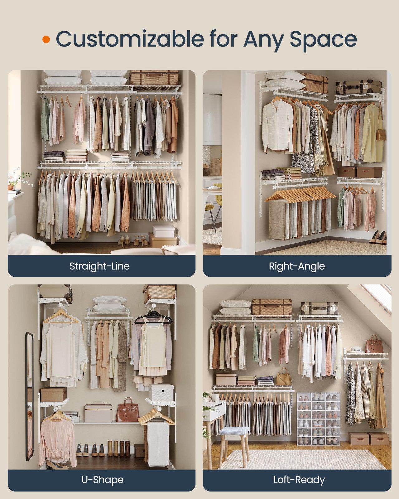 SONGMICS HOME Closet Insert Organizer, 4-8 Ft, with 6 Hanging Rods, 6 Shelves, Cloud White