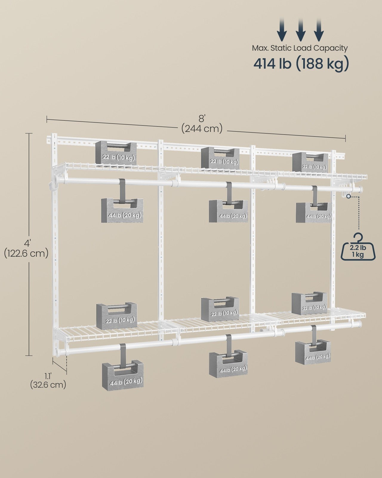 SONGMICS HOME Closet Insert Organizer, 4-8 Ft, with 6 Hanging Rods, 6 Shelves, Cloud White