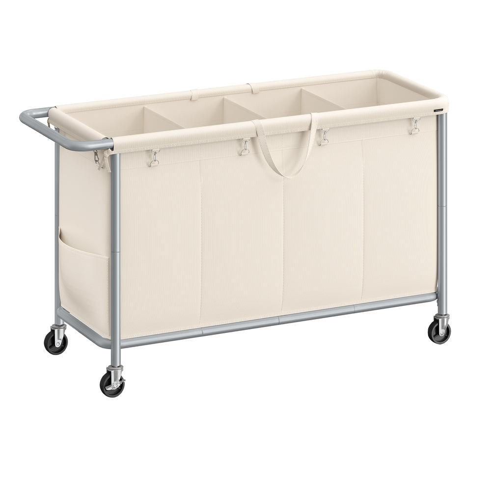SONGMICS 4-Section Rolling Laundry Hamper and Steel Frame with Handle Cream White