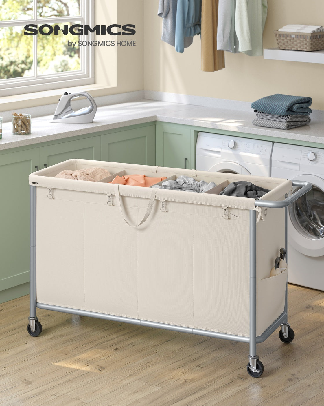 SONGMICS 4-Section Rolling Laundry Hamper and Steel Frame with Handle Cream White