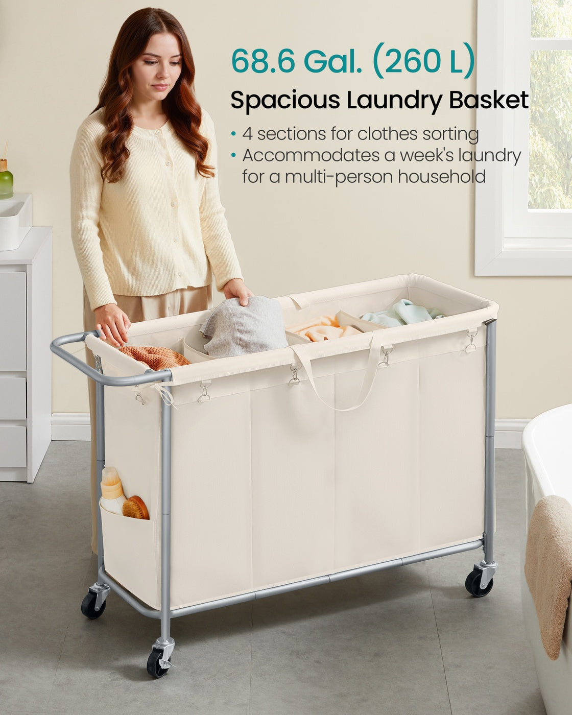 SONGMICS 4-Section Rolling Laundry Hamper and Steel Frame with Handle Cream White