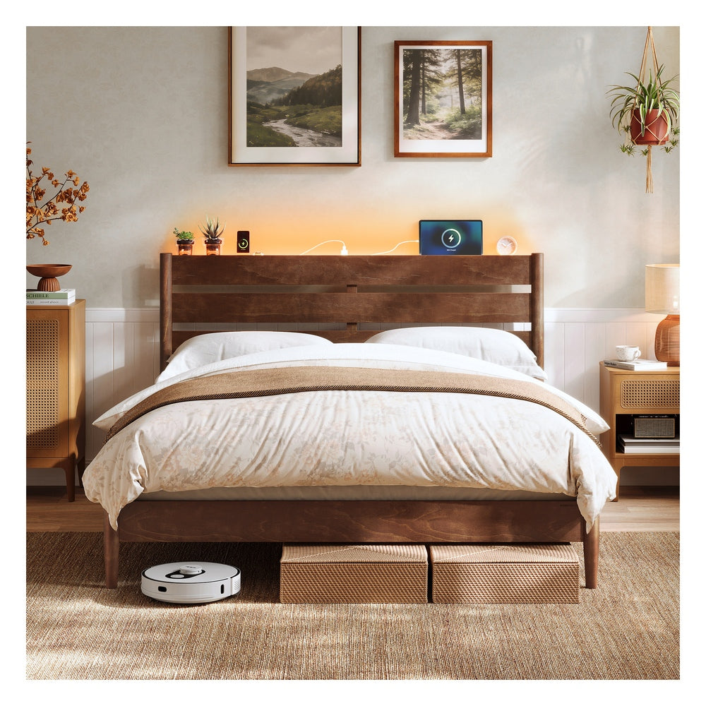 SONGMICS HOME Queen Bed Frame with Headboard, LED Lights, Charging Station, Storage Shelf, Coffee Brown