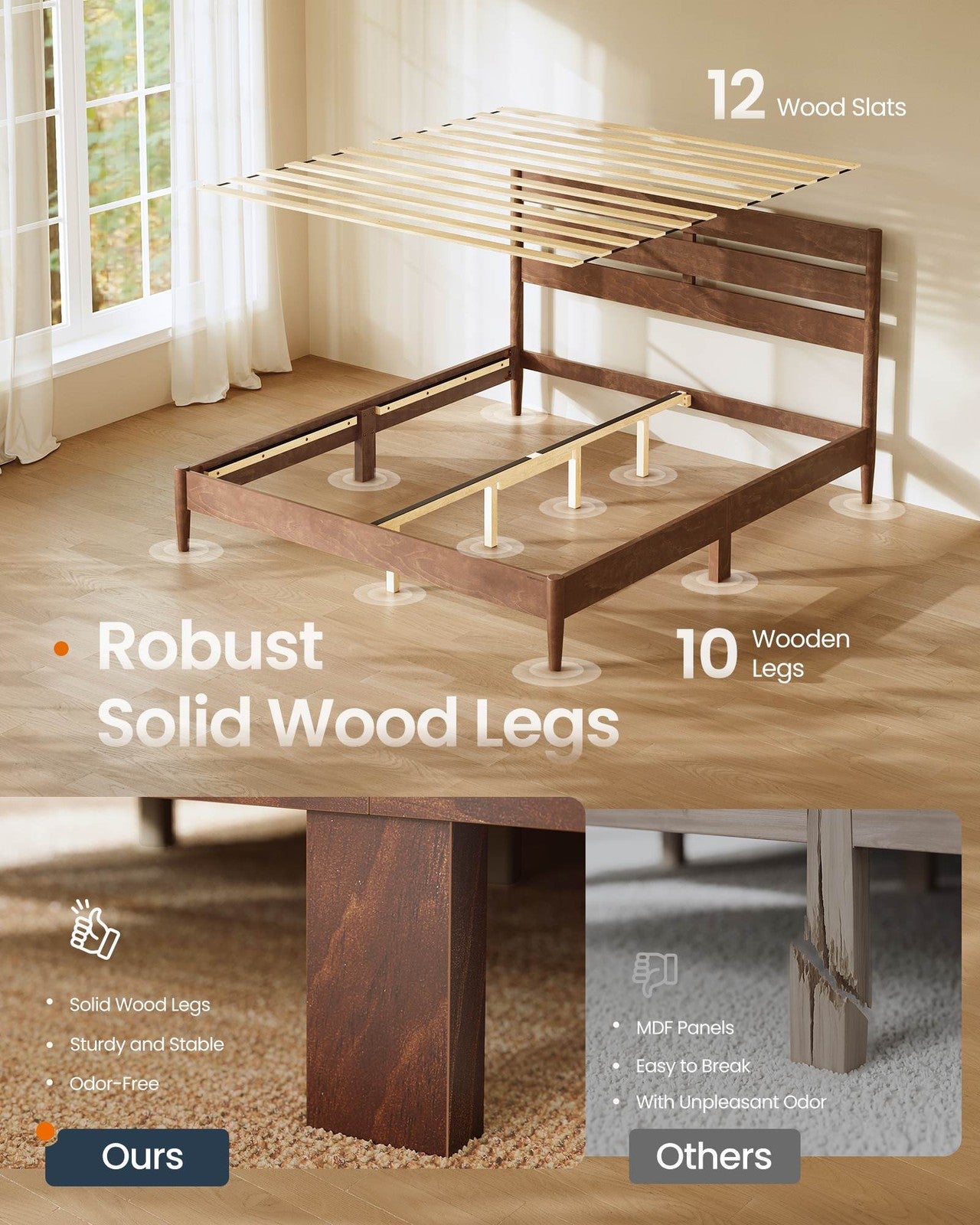 SONGMICS HOME Queen Bed Frame with Headboard, LED Lights, Charging Station, Storage Shelf, Coffee Brown