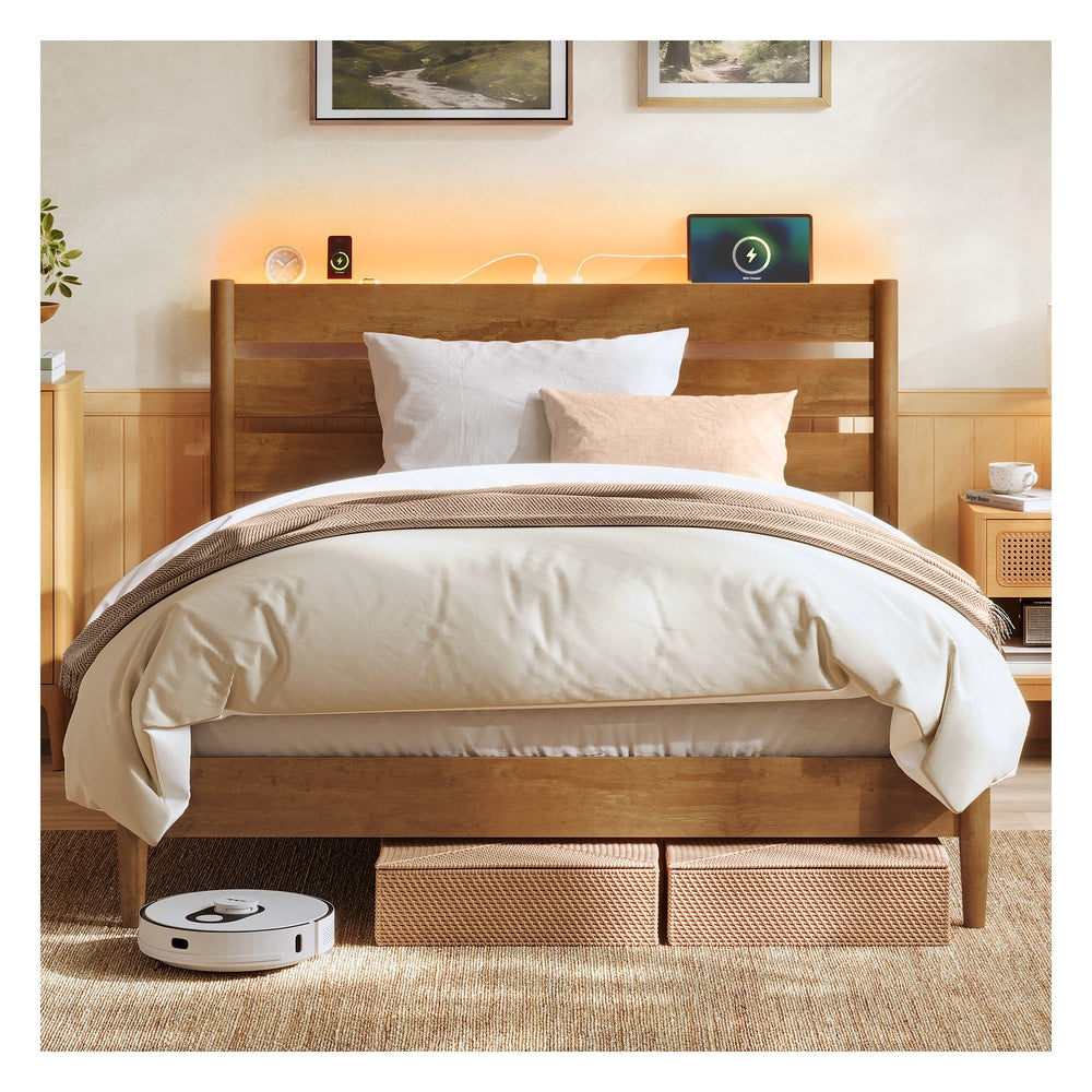 SONGMICS HOME Full Bed Frame with LED Headboard, Storage Shelf, Charging Station, Caramel Brown