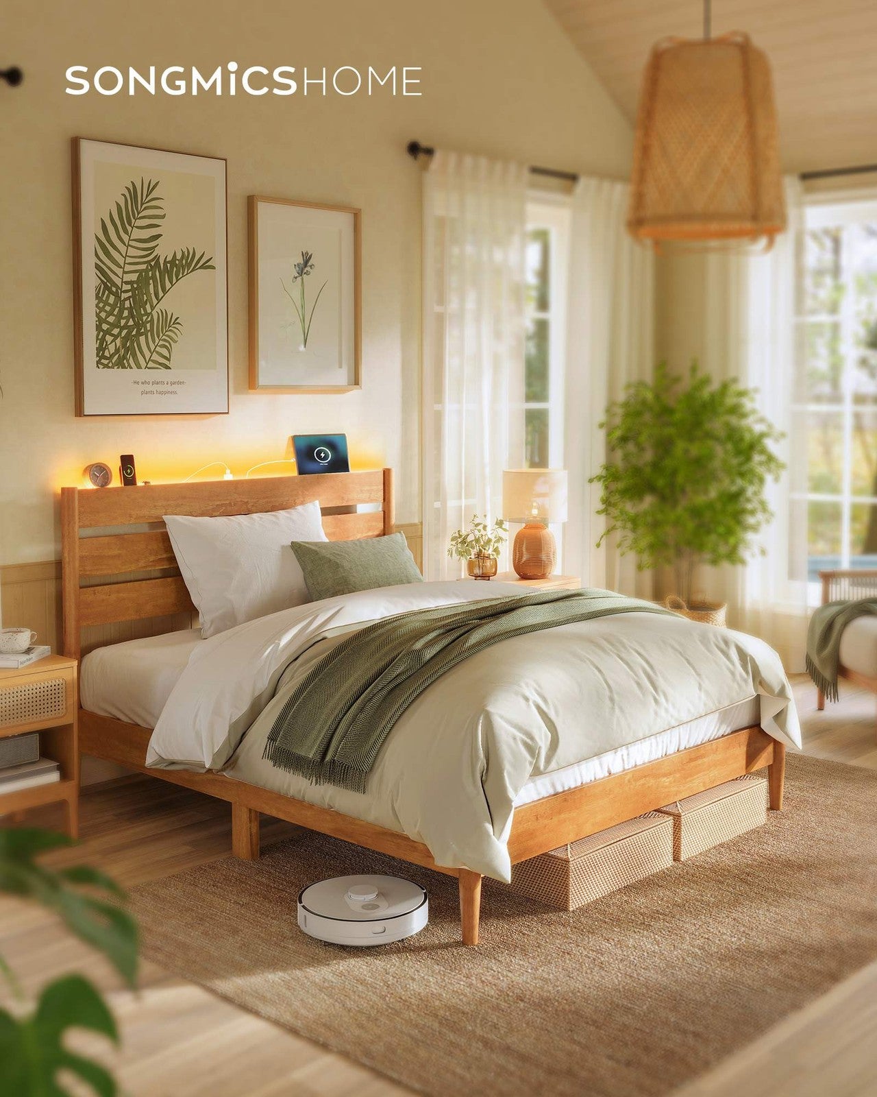 SONGMICS HOME Full Bed Frame with LED Headboard, Storage Shelf, Charging Station, Caramel Brown