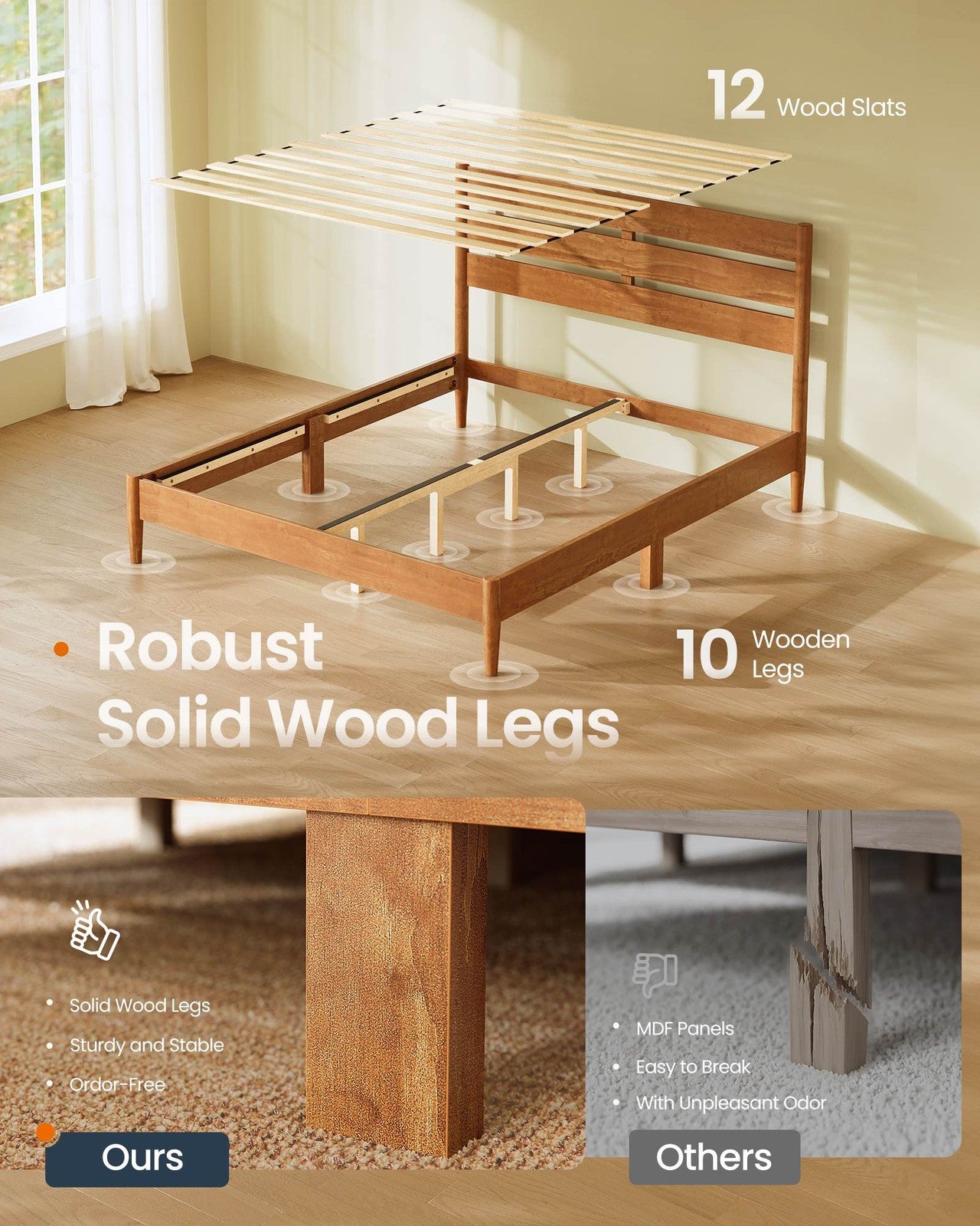 SONGMICS HOME Full Bed Frame with LED Headboard, Storage Shelf, Charging Station, Caramel Brown