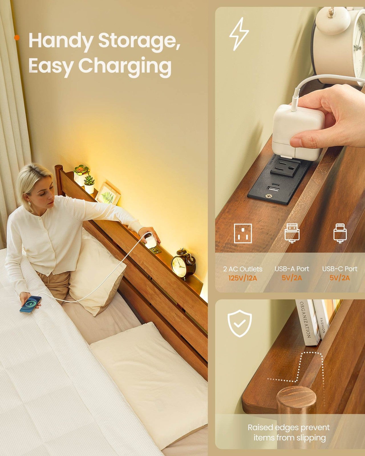 SONGMICS HOME Full Bed Frame with LED Headboard, Storage Shelf, Charging Station, Caramel Brown