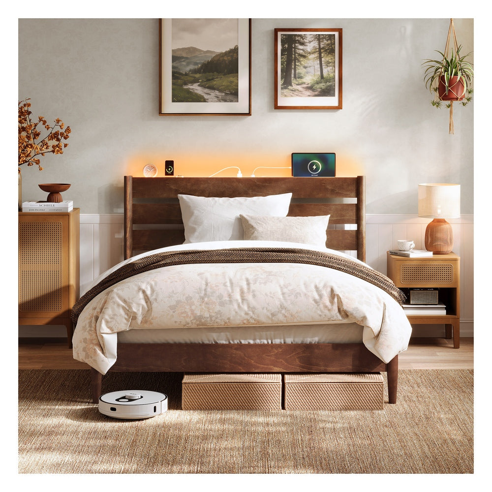 SONGMICS HOME Full Bed Frame, Coffee Brown, LED Headboard, Storage Shelf, Charging Station, 1100 Lbs
