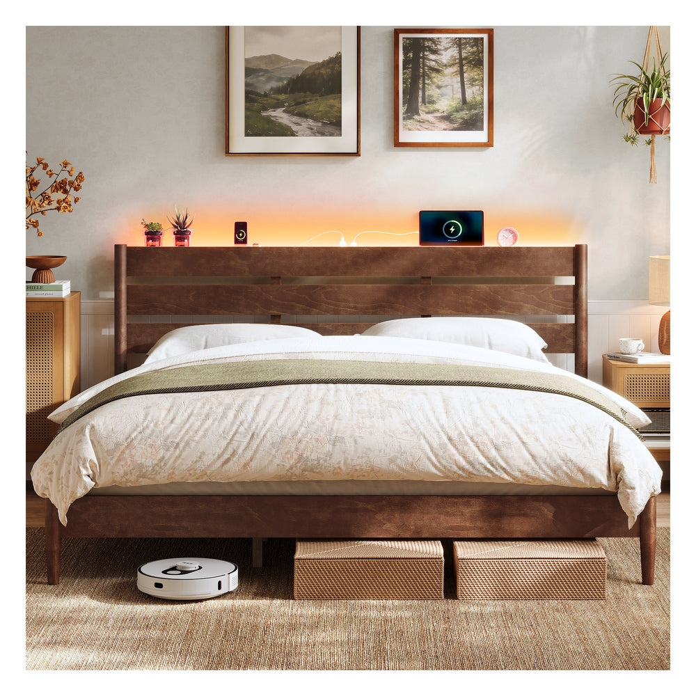 SONGMICS HOME King Bed Frame with Headboard, LED Lights, Charging Station, Storage Shelf, Coffee Brown