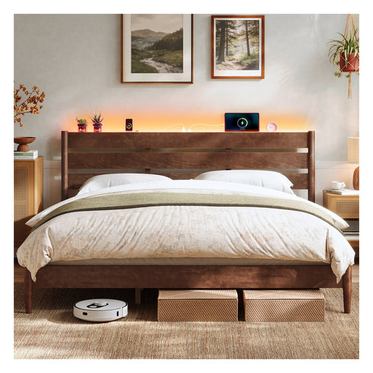 SONGMICS HOME King Bed Frame with Headboard, LED Lights, Charging Station, Storage Shelf, Coffee Brown
