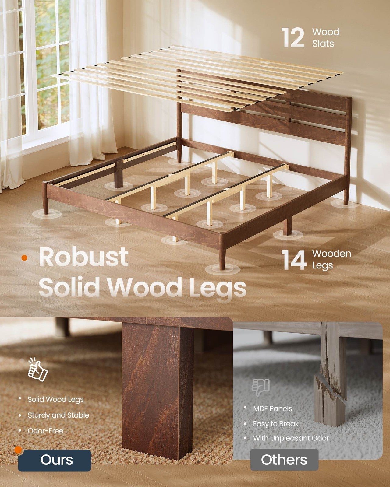 SONGMICS HOME King Bed Frame with Headboard, LED Lights, Charging Station, Storage Shelf, Coffee Brown