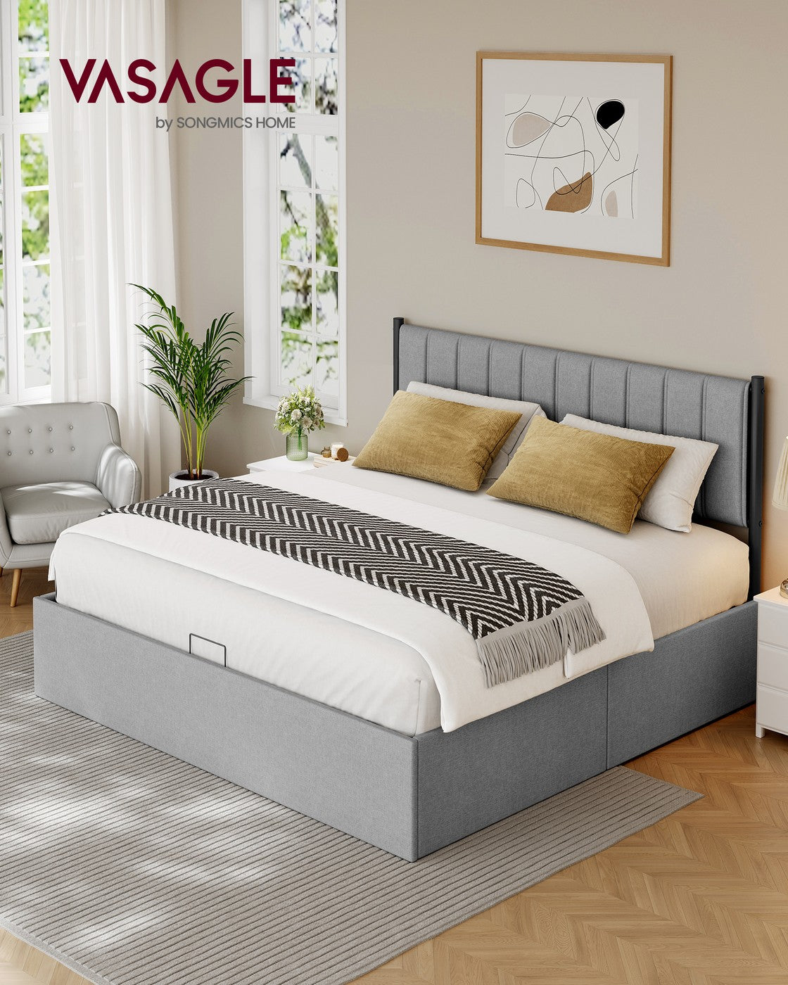 VASAGLE Lift Up Storage Bed Frame King Size – Dove Gray