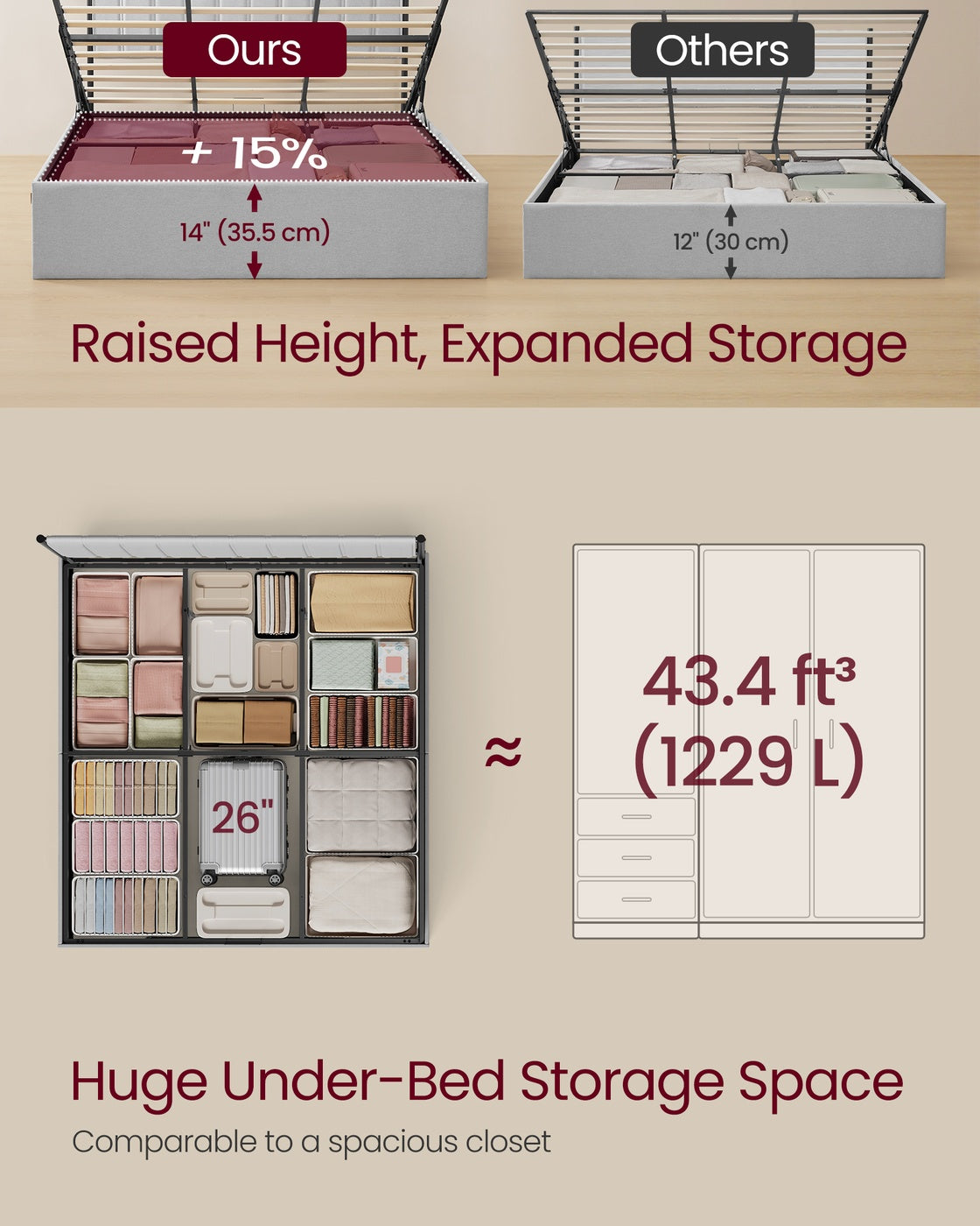 VASAGLE Lift Up Storage Bed Frame King Size – Dove Gray