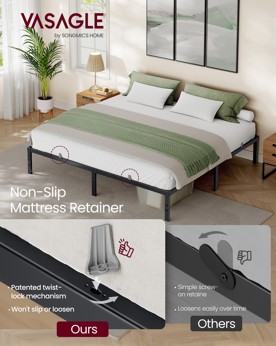 VASAGLE King Metal Bed Frame 14 Inches Tall – Matte Black