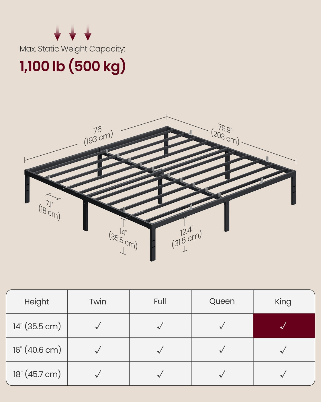 VASAGLE King Metal Bed Frame 14 Inches Tall – Matte Black