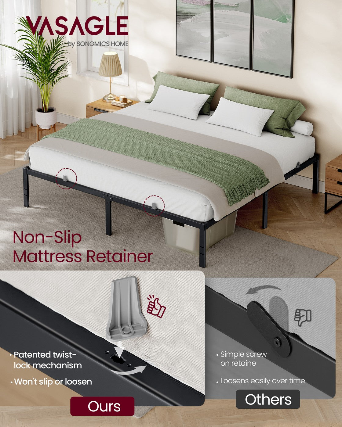 VASAGLE King Metal Bed Frame 16 Inches Tall – Matte Black