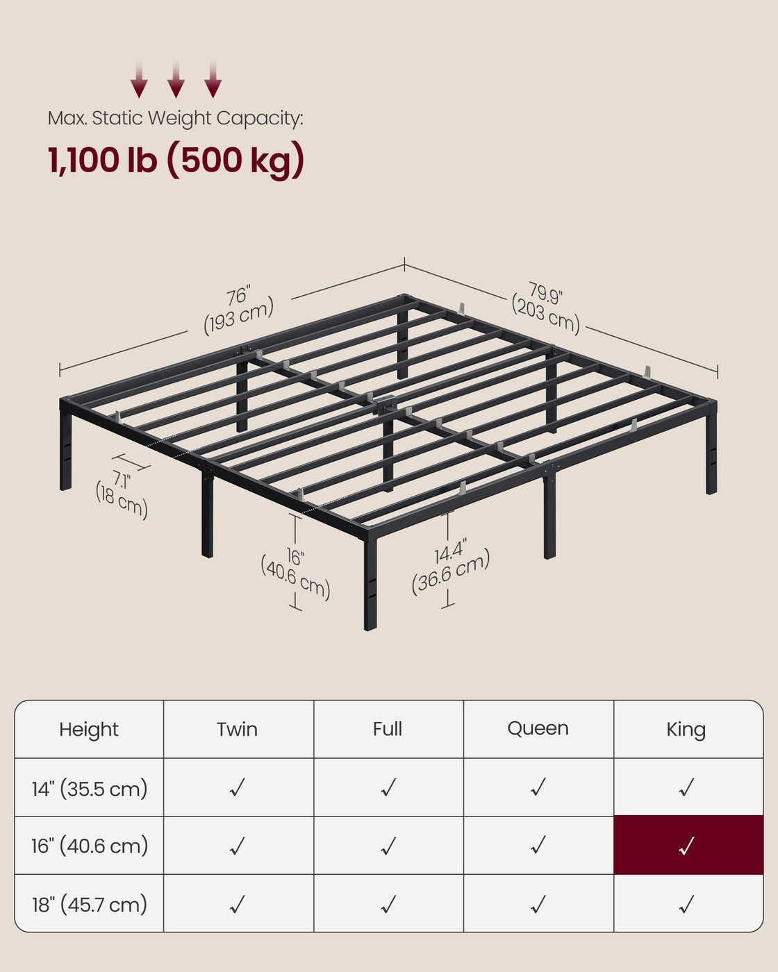 VASAGLE King Metal Bed Frame 16 Inches Tall – Matte Black