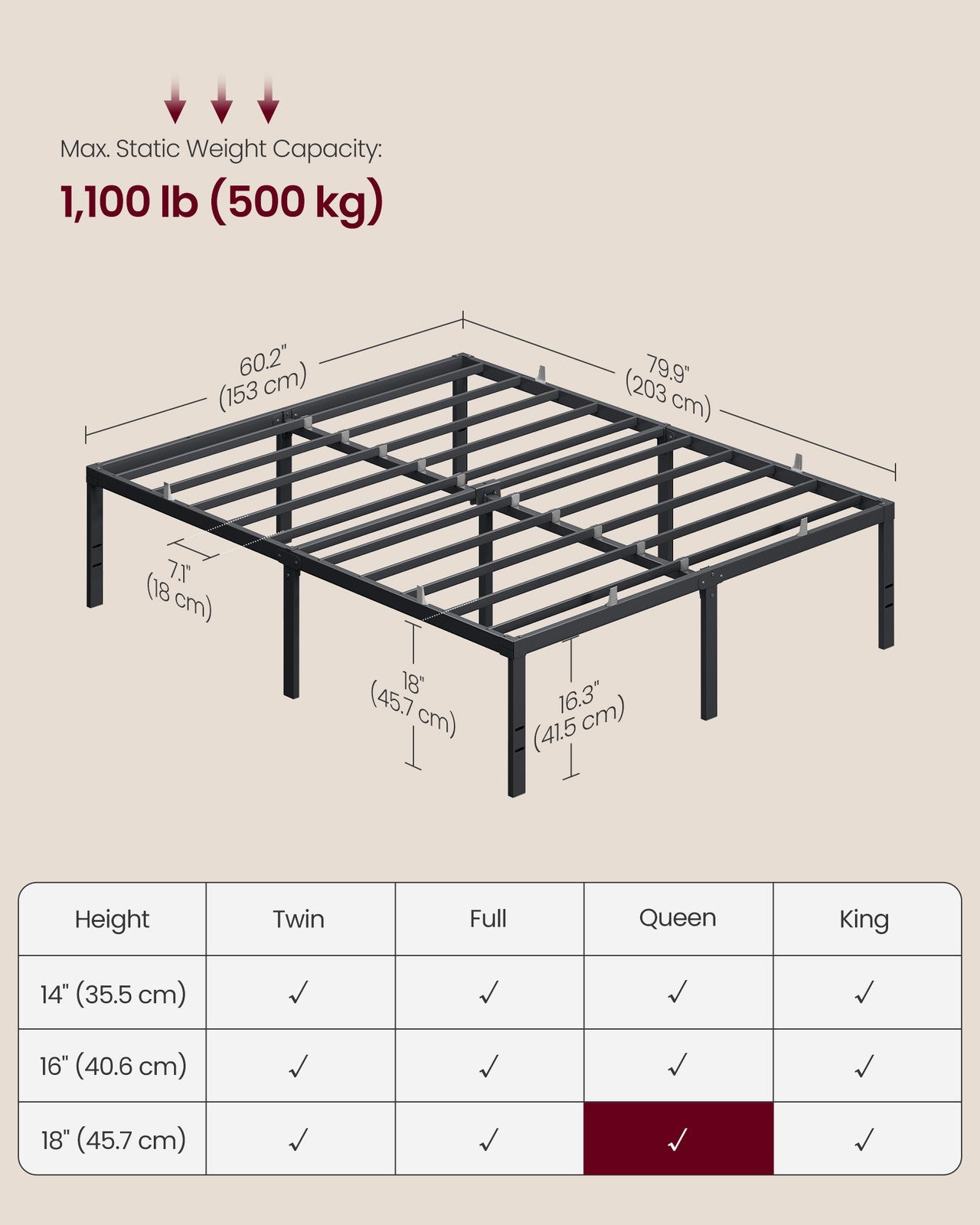 VASAGLE Queen Metal Bed Frame 18 Inches Tall