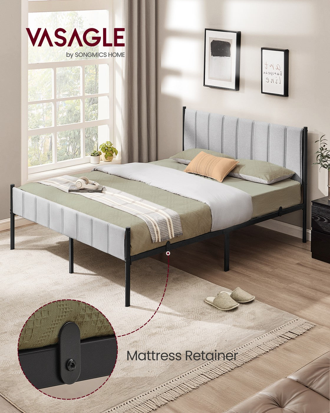 VASAGLE Queen Bed Frame, Dove Gray, Upholstered Headboard, Sturdy Steel, No Box Spring Needed