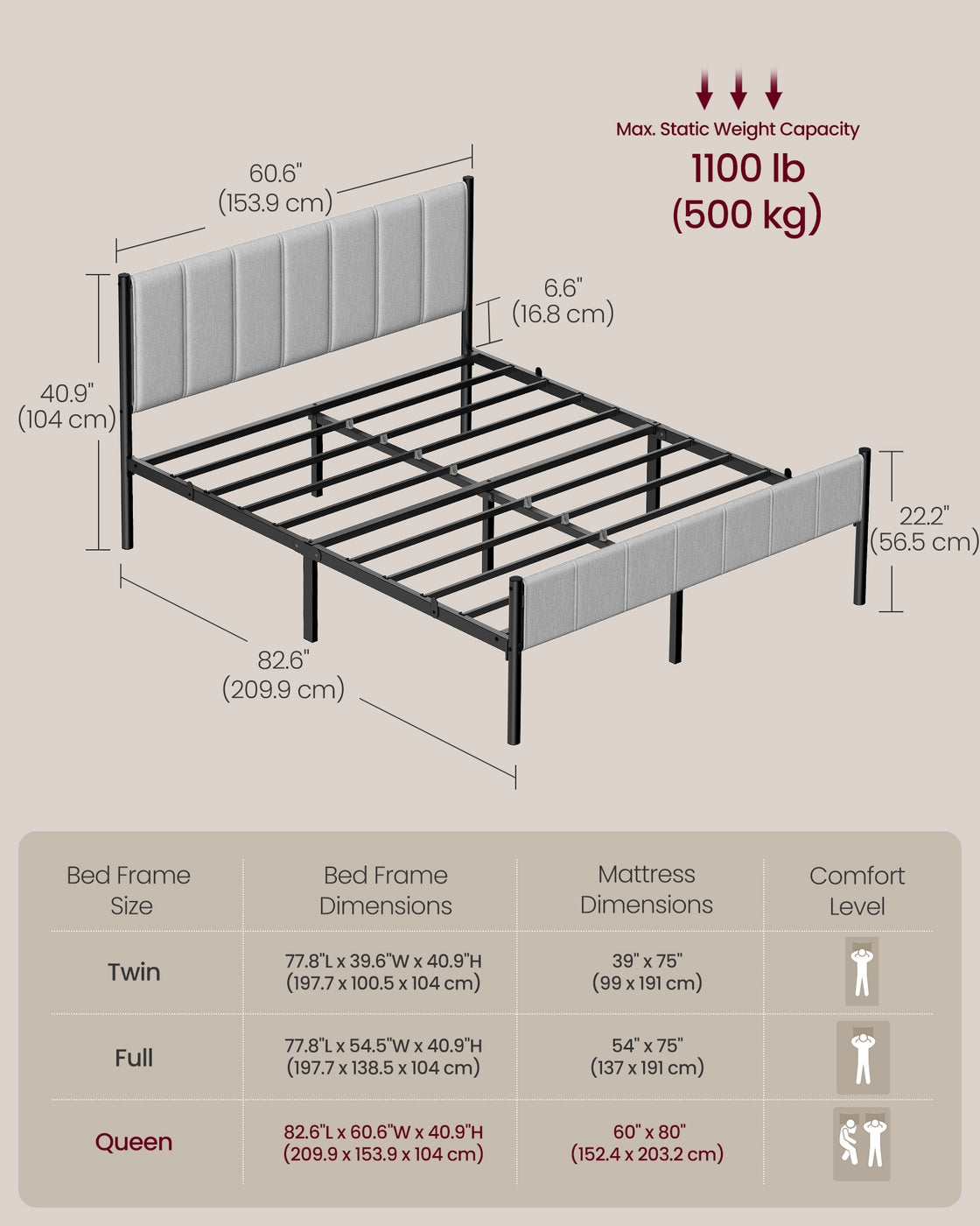 VASAGLE Queen Bed Frame, Dove Gray, Upholstered Headboard, Sturdy Steel, No Box Spring Needed
