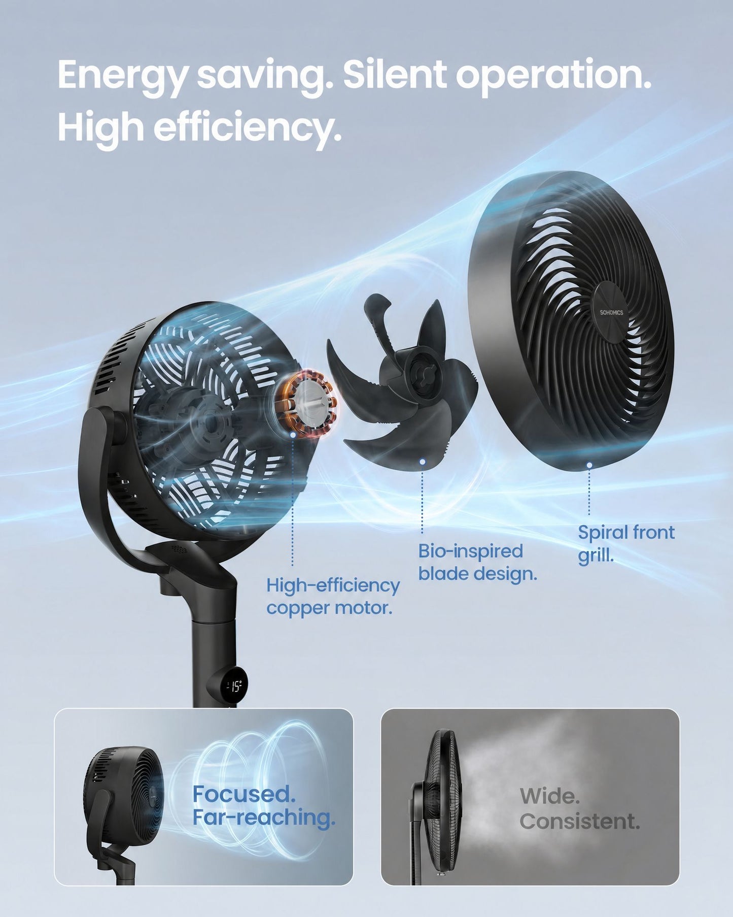 SONGMICS Standing Fan for Bedroom, 20 Db Quiet Pedestal Fan with Remote，Cooling Air Circulator – Black·