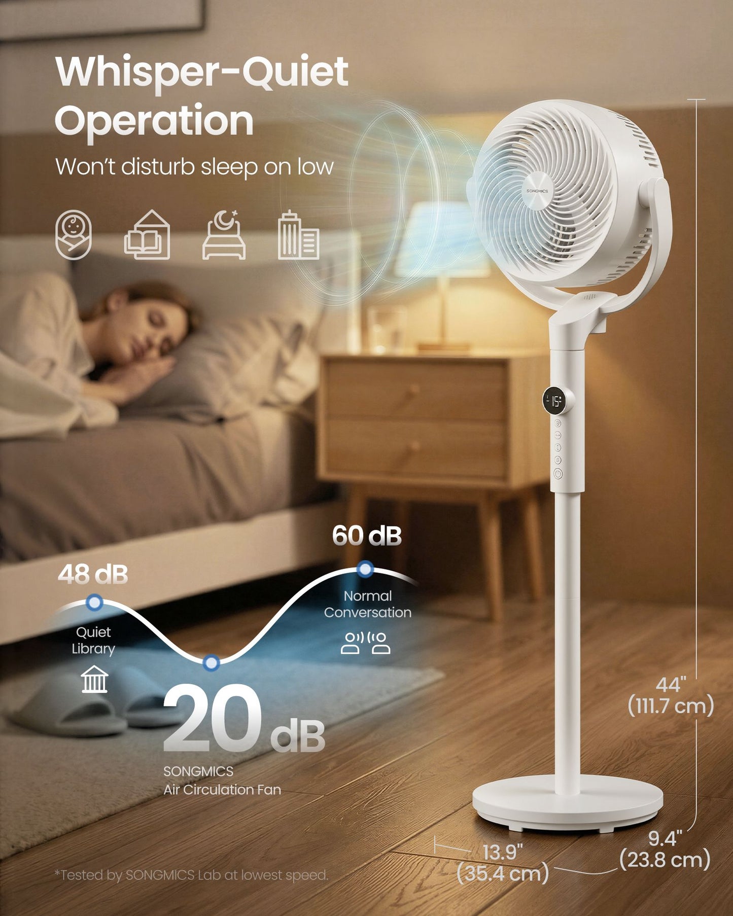 SONGMICS Standing Fan for Bedroom, 20 Db Quiet Pedestal Fan with Remote Cooling Air Circulator – Cloud White
