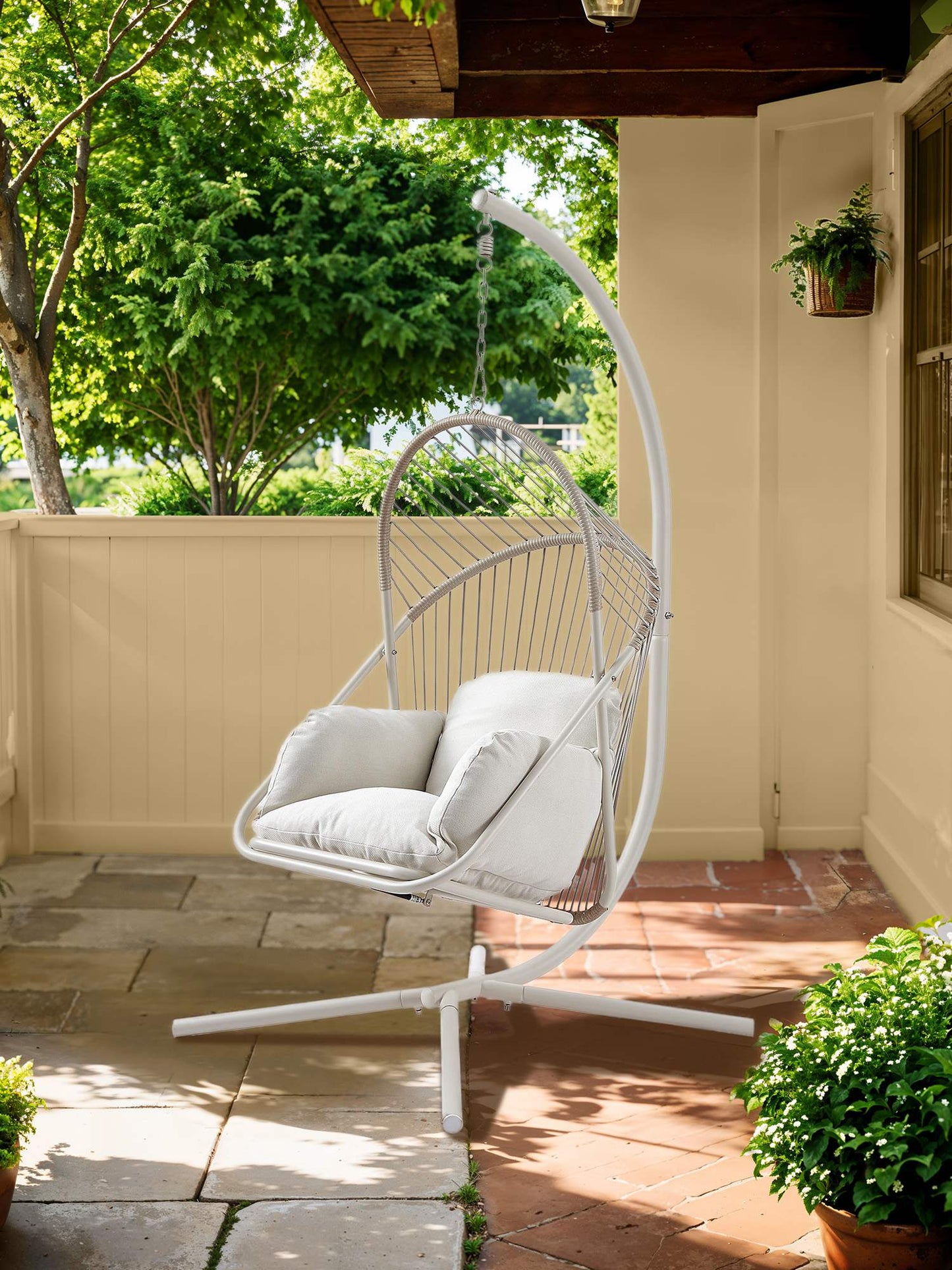 SONGMICS HOME Sencillo Outdoor Steel Egg Chair, Bone Color – White