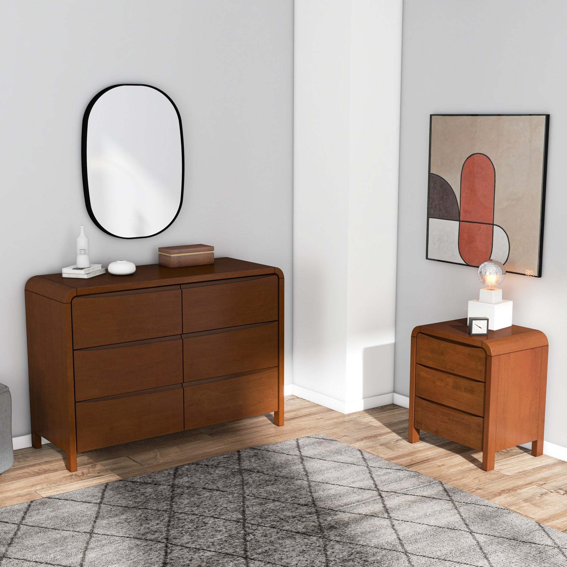 Modern bedroom furniture set with wooden dresser and nightstand in a stylish home interior