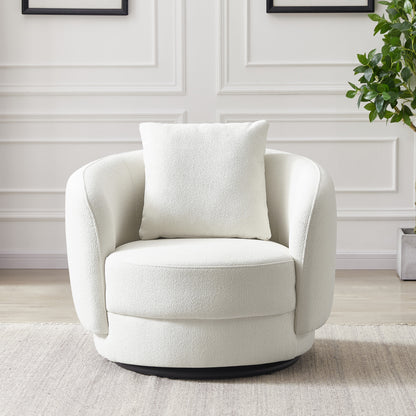 Modern white boucle swivel accent chair with cushion in a bright living room, FredCo International furniture
