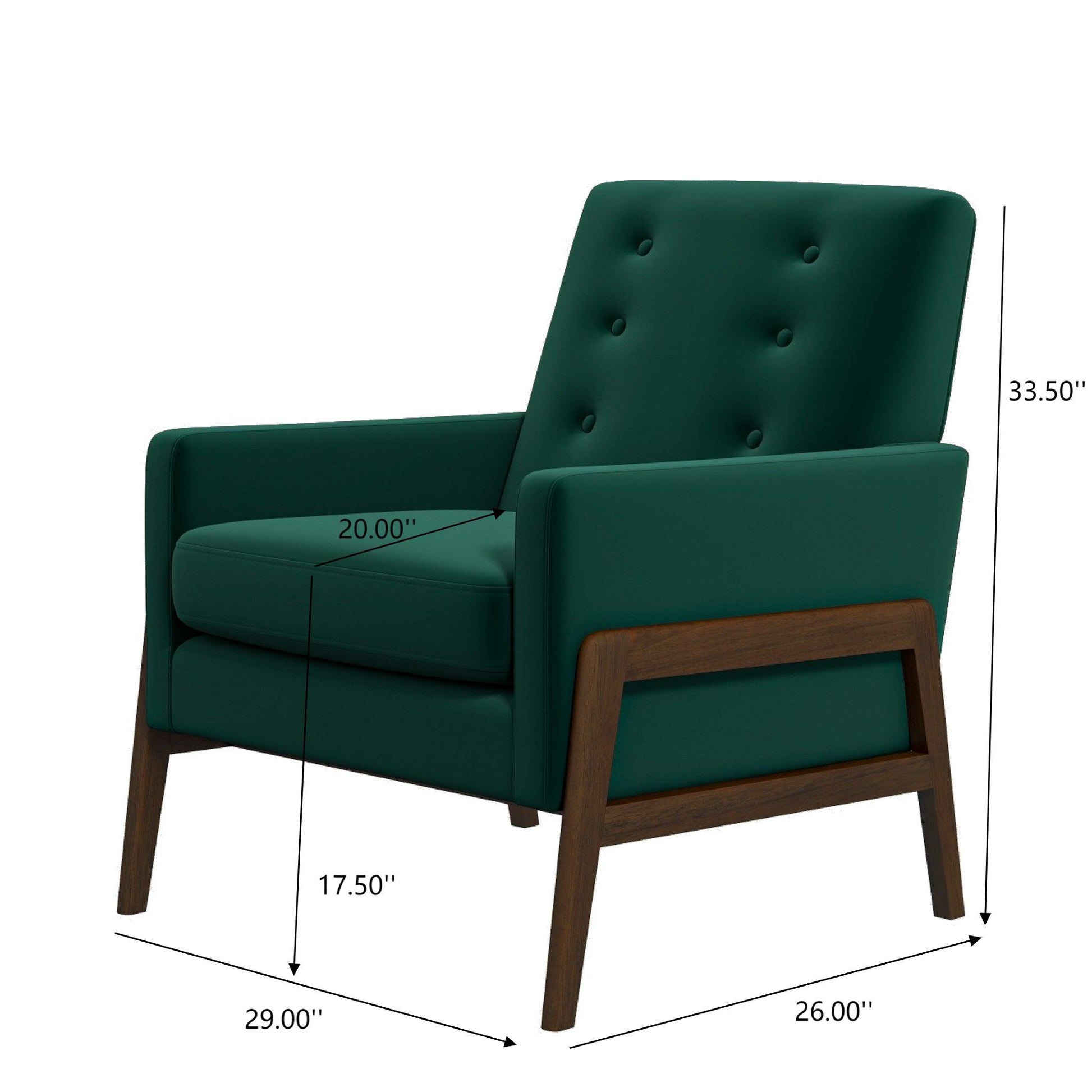Green mid-century modern accent chair with wood frame and dimensions shown, FredCo furniture
