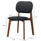 Modern wooden dining chair with black cushioned seat and back, dimensions shown.