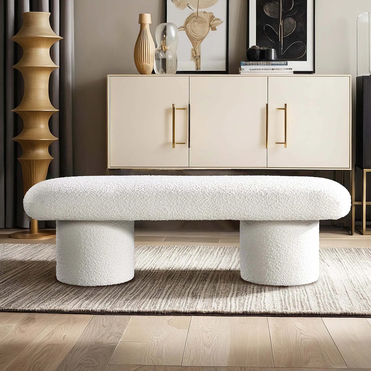 Modern white boucle bench in stylish living room with contemporary decor from FredCo International