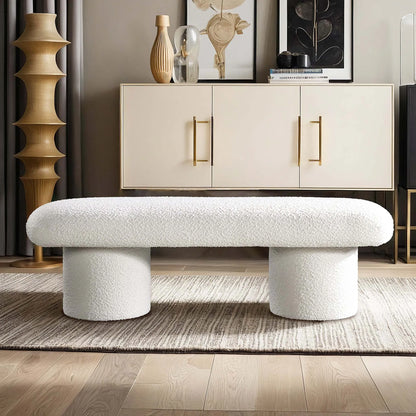 Modern white boucle bench in stylish living room with contemporary decor from FredCo International