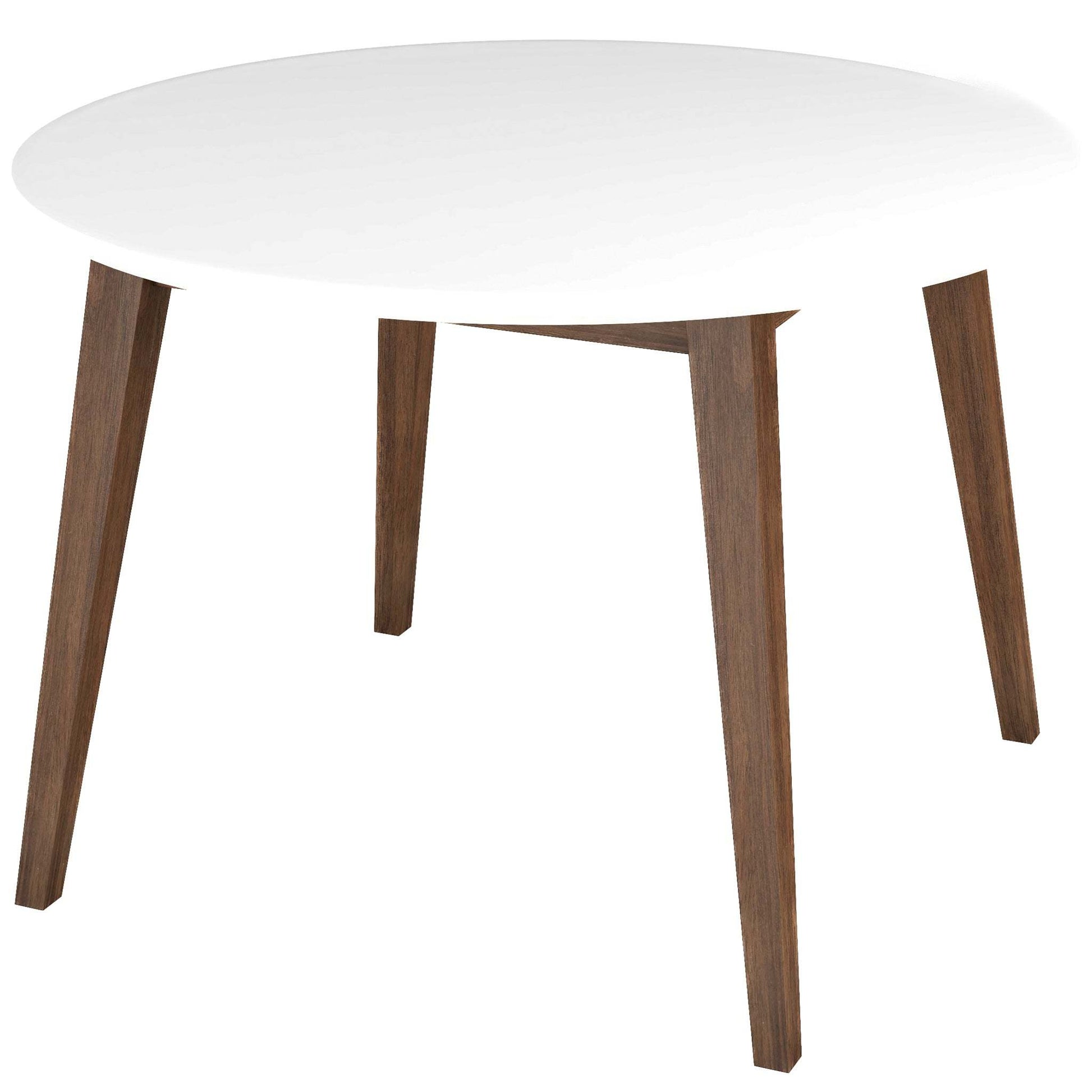 Modern round white dining table with wooden legs, FredCo International furniture