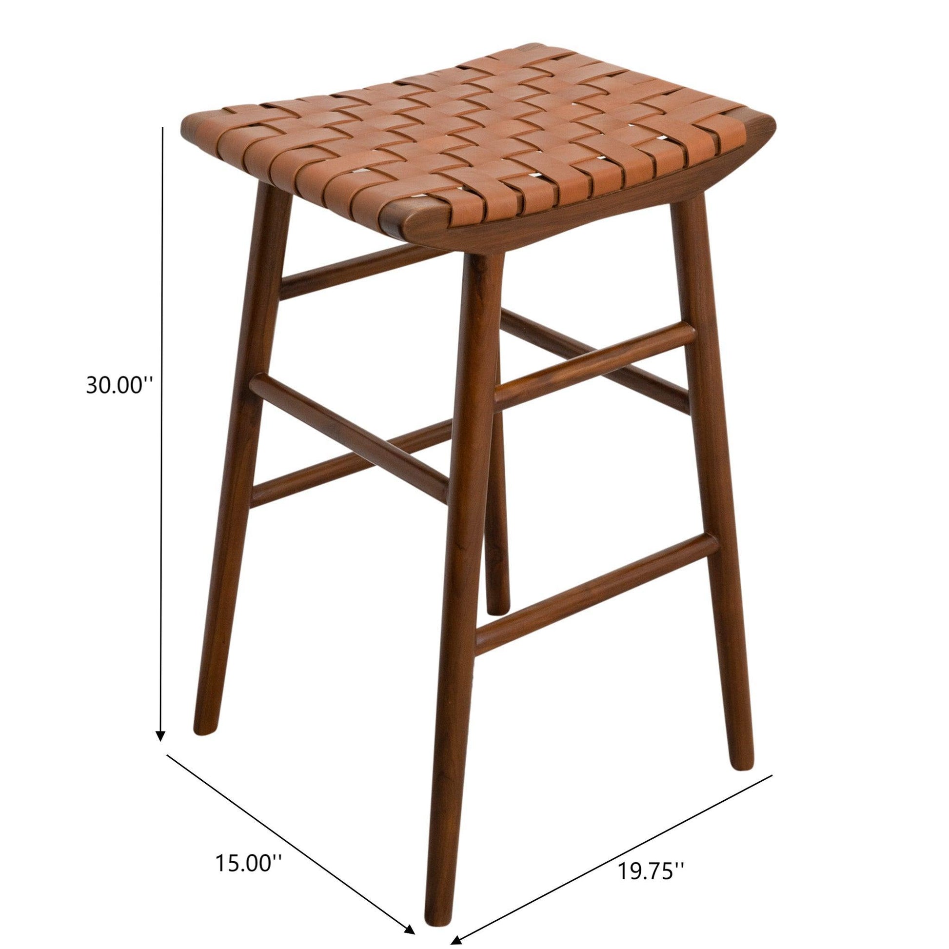Mid-century modern wooden bar stool with woven leather seat, 30-inch height, FredCo International furniture