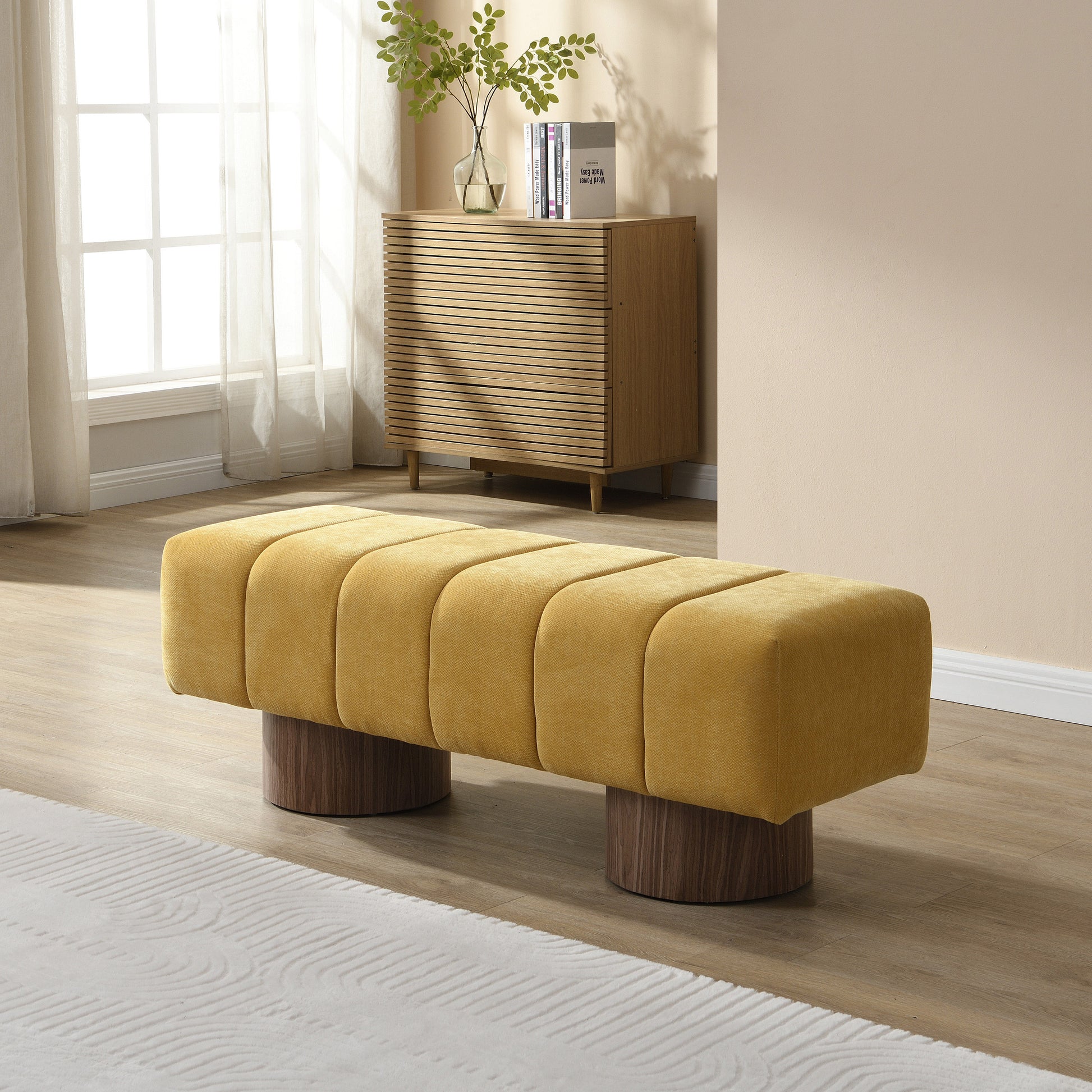 Upholstered Dining Bench, No-Assembly Entryway Bench Ottoman, Yellow Chenille Fabric, 50' Length FredCo