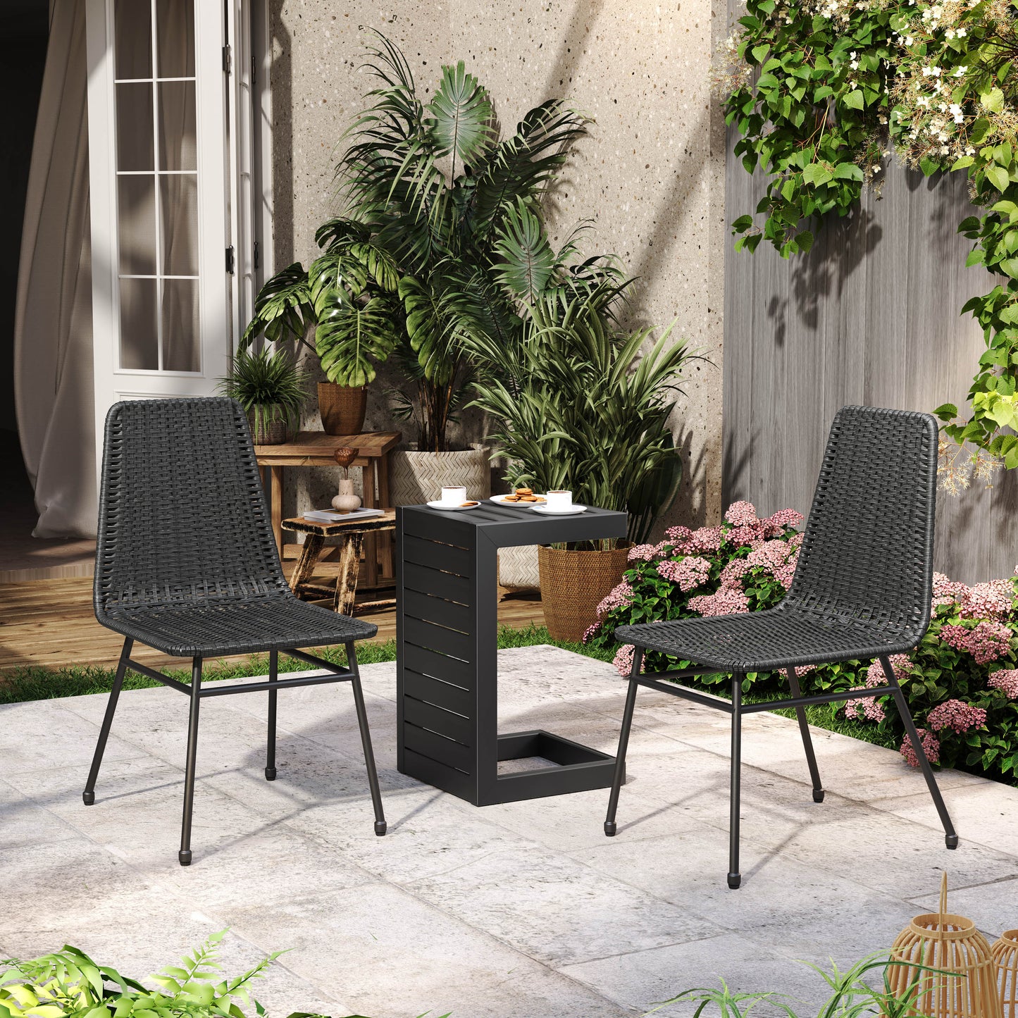Aluminum and Rattan Chat Set, Outdoor Patio Set Includes Rattan Dining Chair Set of 2 and C-Shaped Side Table FredCo
