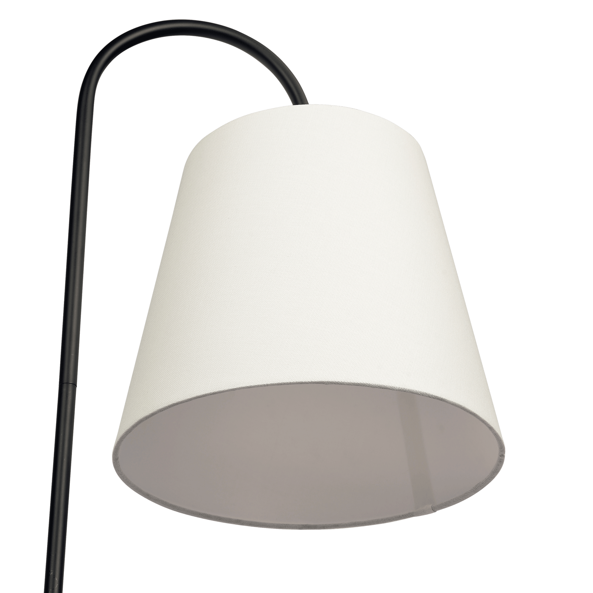 Modern floor lamp with white fabric shade and black curved stand, FredCo International furniture