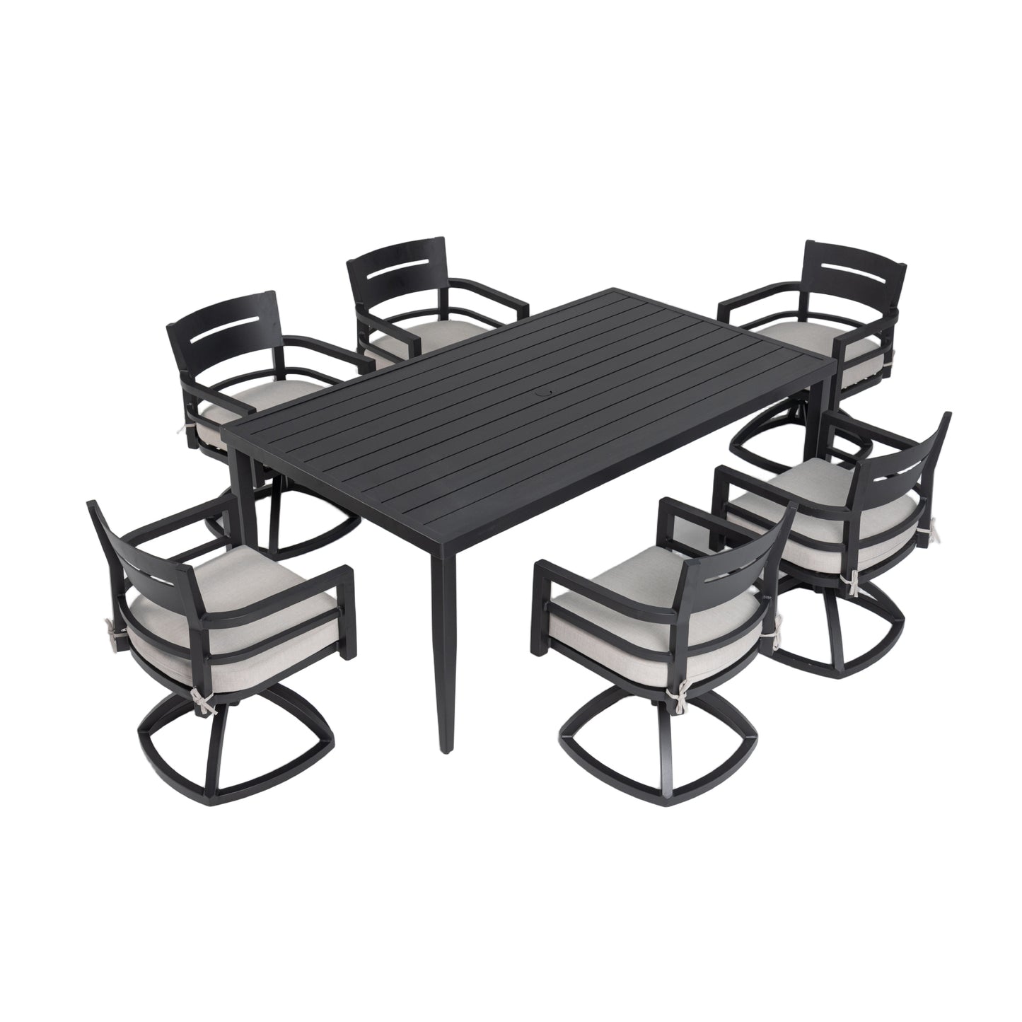 7-Piece Outdoor Patio Aluminum Furniture, Modern Dining Set, including 6 Swivel Rockers Sunbrella Fabric Cushioned and Rectangle Dining Table with Umbrella Hole, Ember Black