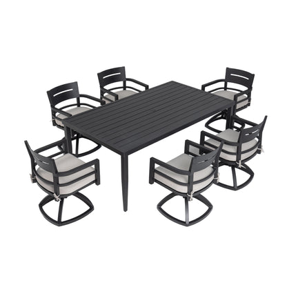 7-Piece Outdoor Patio Aluminum Furniture, Modern Dining Set, including 6 Swivel Rockers Sunbrella Fabric Cushioned and Rectangle Dining Table with Umbrella Hole, Ember Black